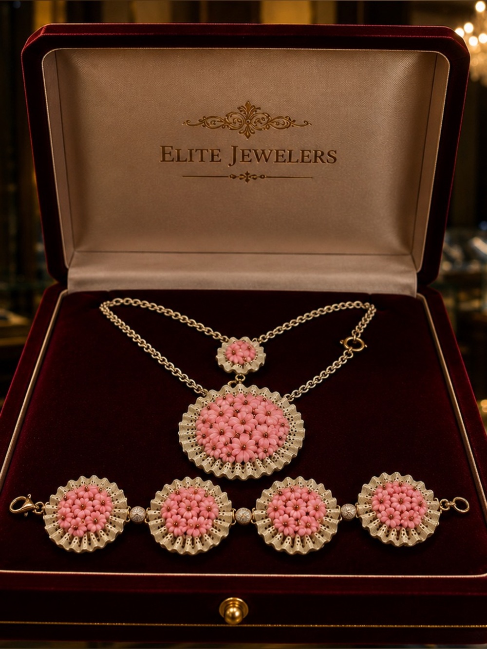 Rare Verified by book Miriam Haskell Pink Flowers Necklace and bracelet Set.